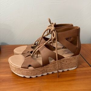 Sorel Cameron Flatform Leather Sandal Platform Lace Up Gladiator Velvet‎ Tan 9